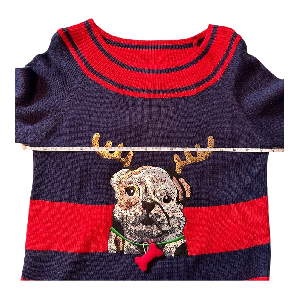 Holiday Time Sequin Bulldog Christmas Sweater - Size M, Blue/Red Multi - Picture 8 of 10